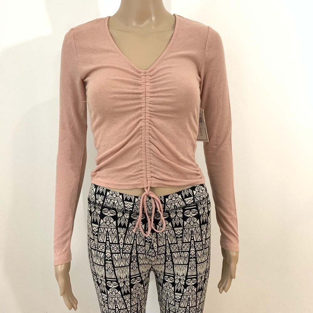 New Womens Ruched Long Sleeve Scoop Neck Crop Top Size Small
